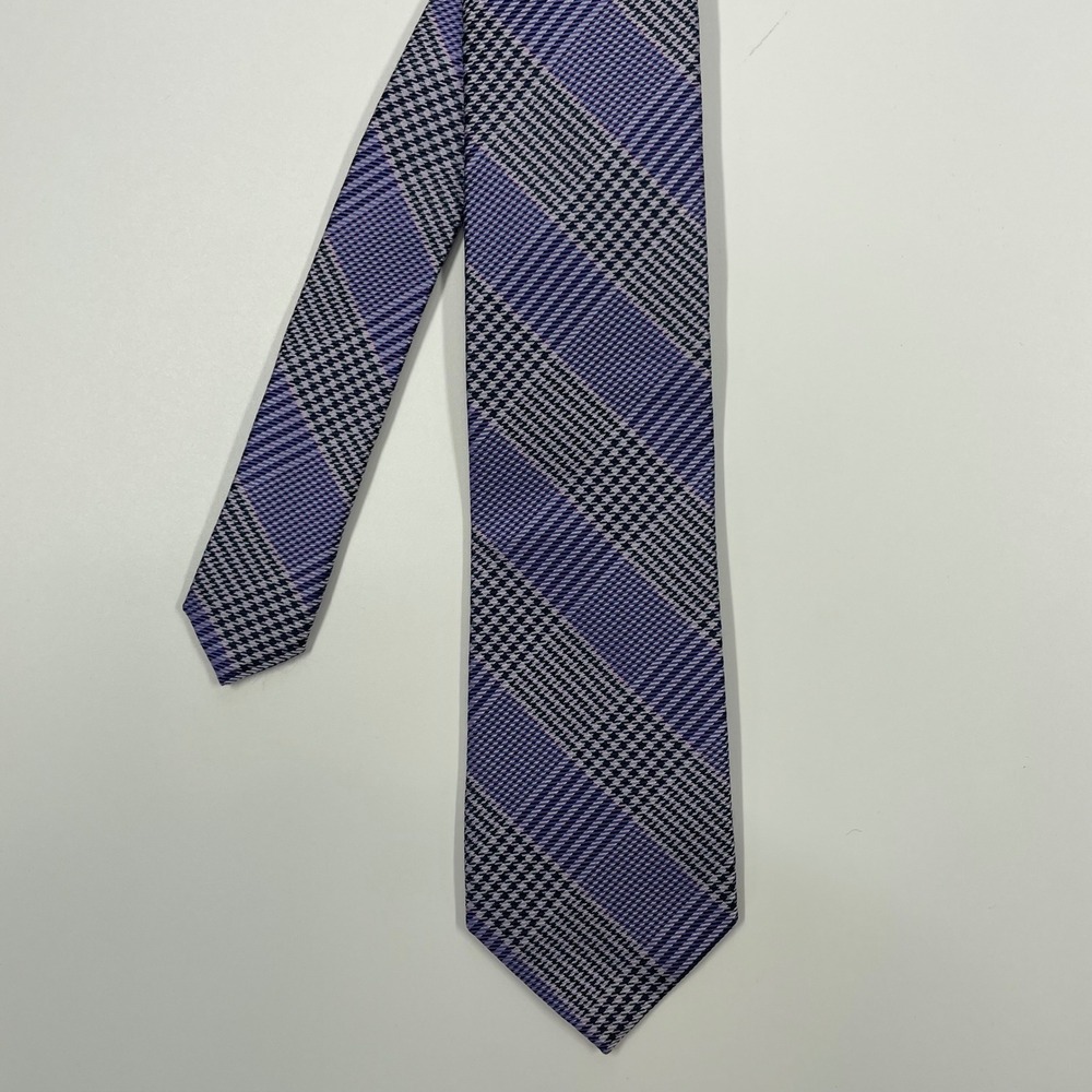 Egara Purple Black Houndstooth Plaid Silk Necktie Mens One Size